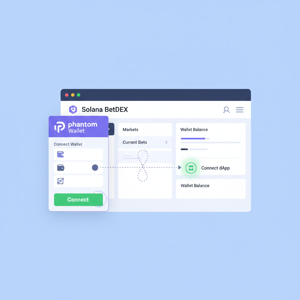 Phantom wallet browser extension connecting to Solana BetDEX dApp interface, clean UI, green connect button