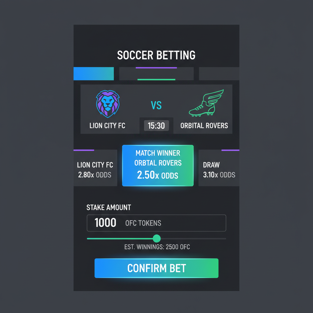 app screen selecting soccer bet, staking OFC tokens, odds display, confirm button, futuristic UI --ar 16:9
