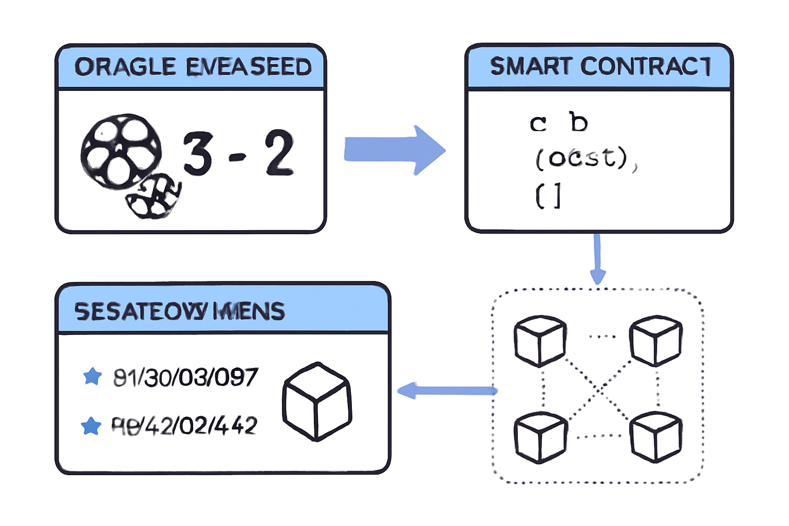 A visual of an oracle data feed updating a smart contract, with live sports data and blockchain code snippets.