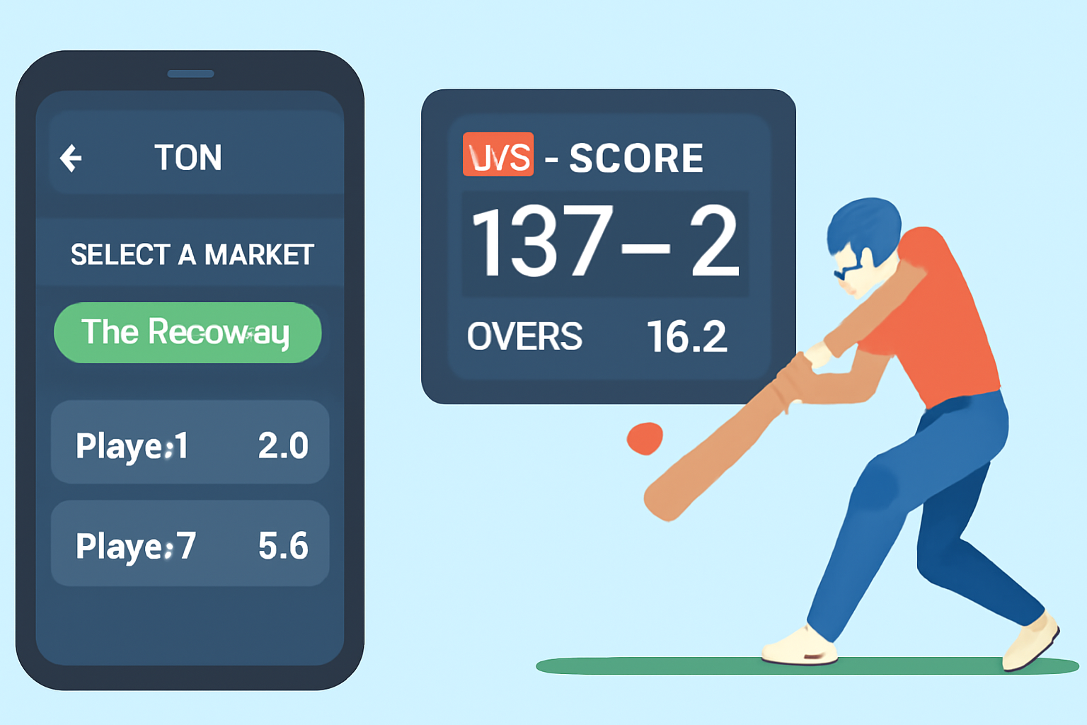 Selecting cricket match top batsman market on TON betting app, live scoreboard, dynamic cricket action
