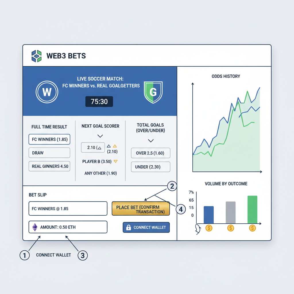 sports betting dashboard with live odds, soccer match, web3 interface, dynamic charts