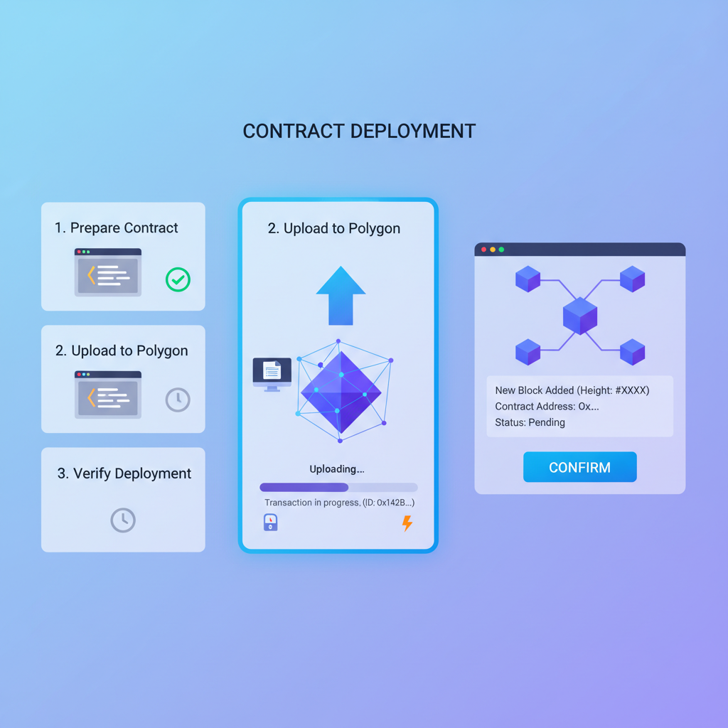 deployment dashboard showing contract upload to Polygon blockchain