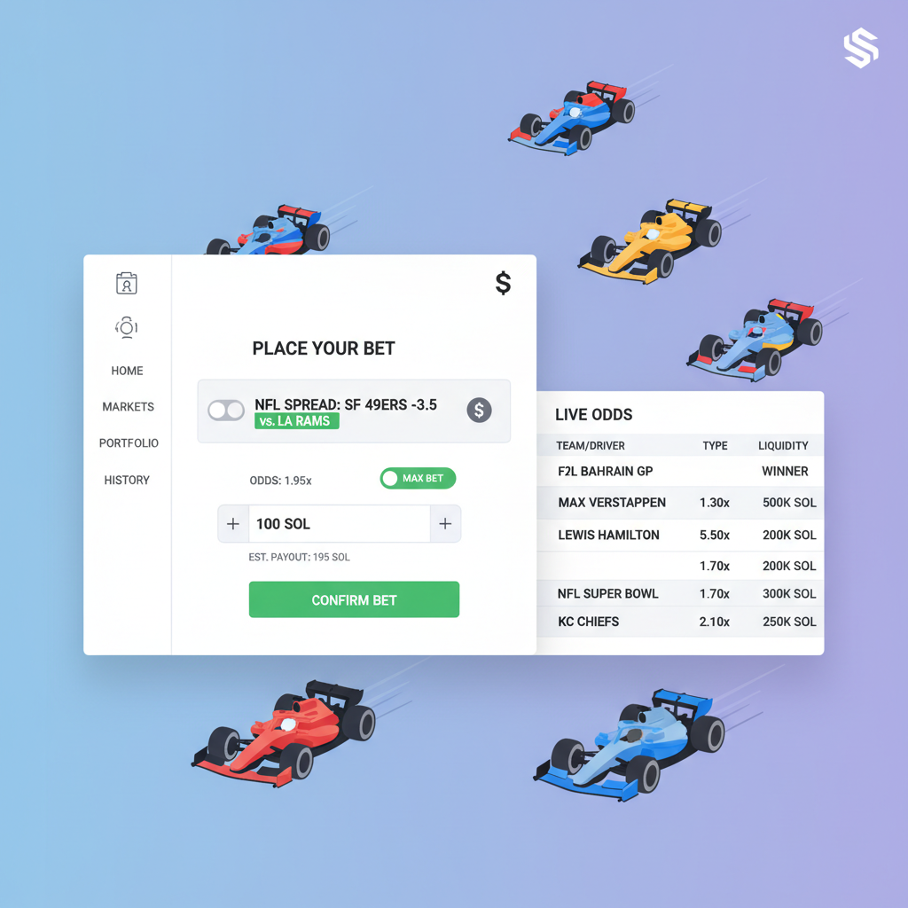 Solana prediction market UI selecting NFL spread bet, F1 cars in background, odds table