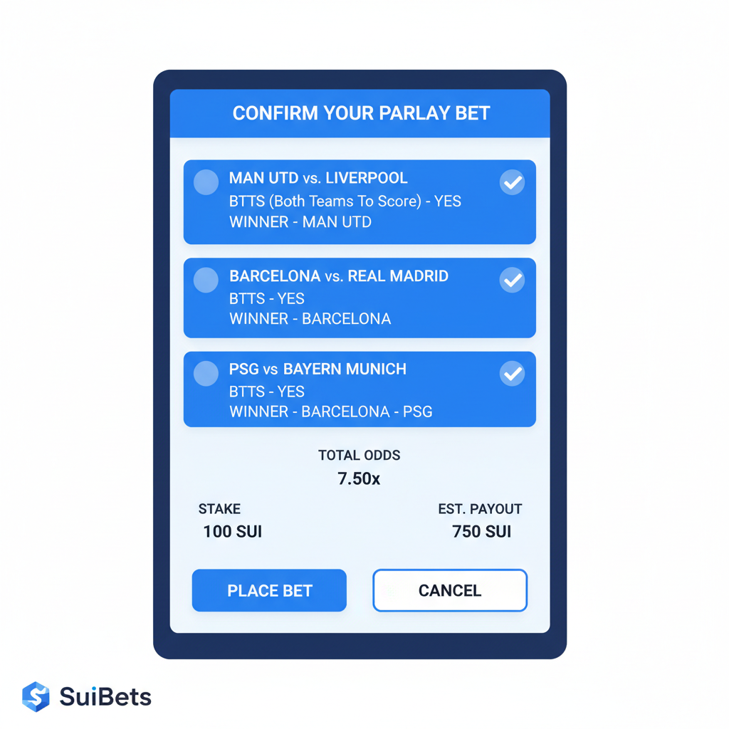 placing football parlay bet on SuiBets, matches selected, BTTS and winner legs, confirmation screen