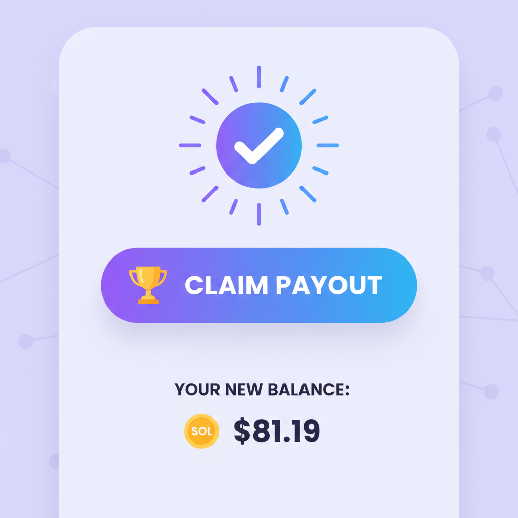 claim payout button on Solana betting app success screen, trophy icon, SOL balance update at $81.19