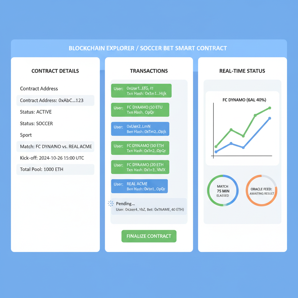 blockchain explorer view of active soccer bet smart contract, transaction details, real-time status --ar 16:9
