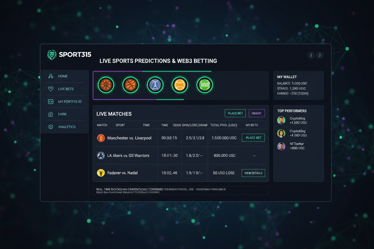 Dynamic Sport315 blockchain dashboard visualization showing live high-frequency sports predictions, transparent on-chain outcomes, and real-time betting interface