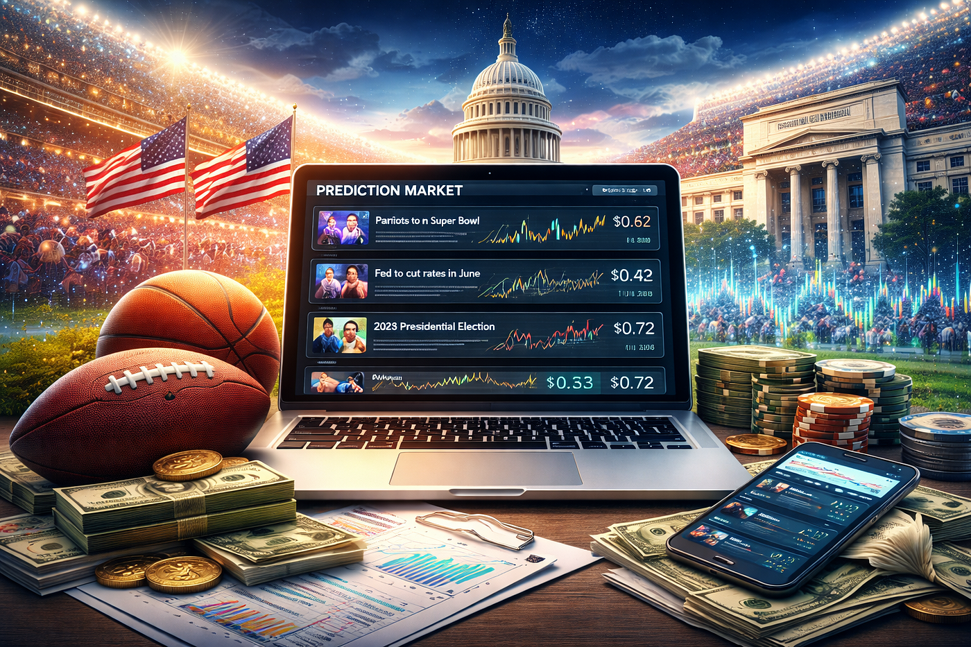 Futuristic graphic comparing on-chain sports betting platforms vs traditional sportsbooks with blockchain icons, volume stats, efficiency, and odds for 2026