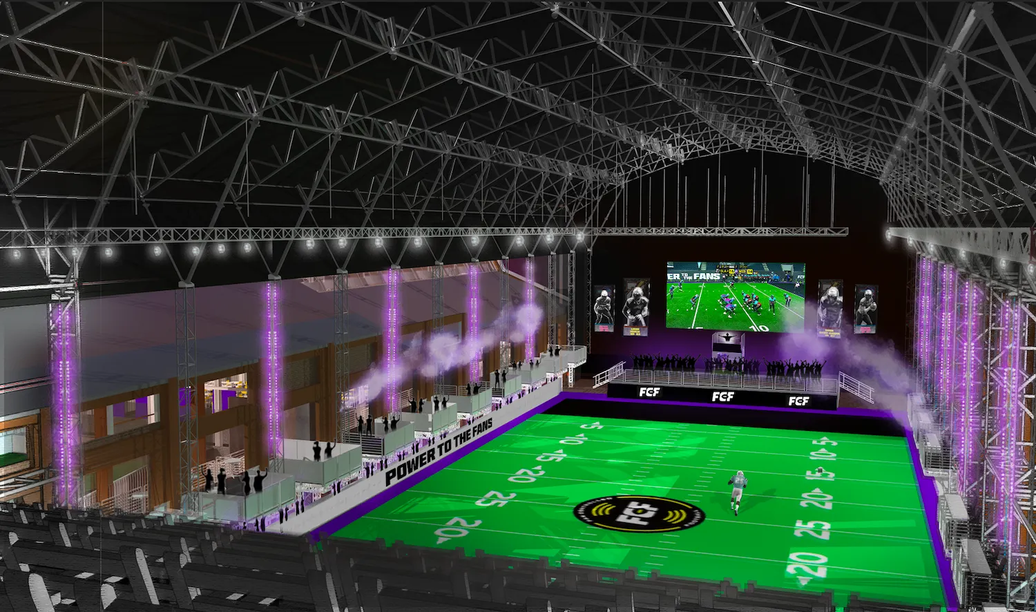 Diverse group of sports fans celebrating in a virtual stadium with floating NFT collectibles, representing Web3 fan engagement in sports.