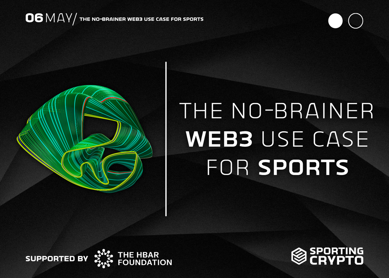 Packed sports stadium with fans using smartphones and digital wallets, overlaid with NFT, token, and blockchain icons representing Web3 fan engagement