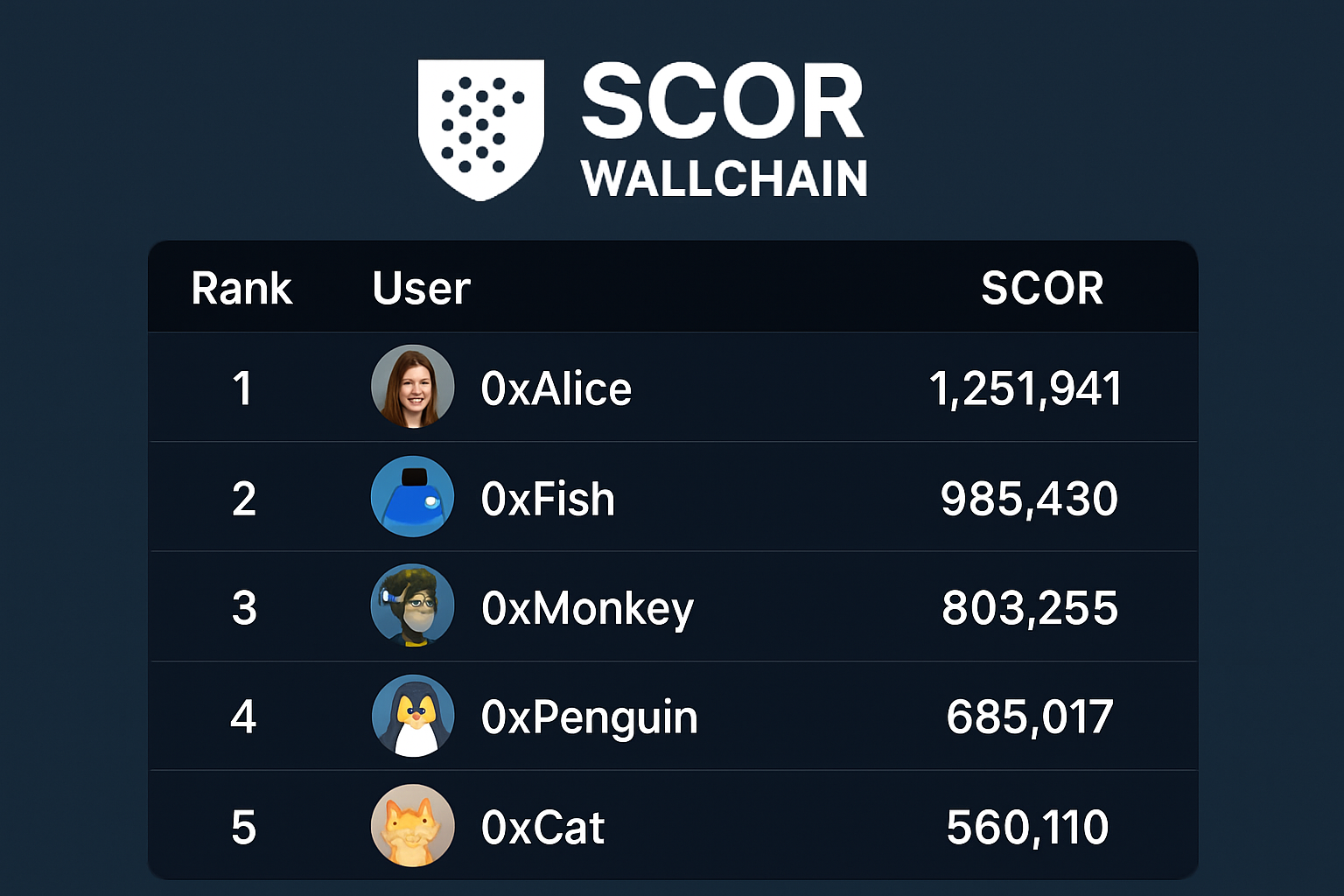 Vibrant SCOR Protocol Wallchain leaderboard screenshot showing top athletes and fans earning on-chain rewards in sports ecosystem
