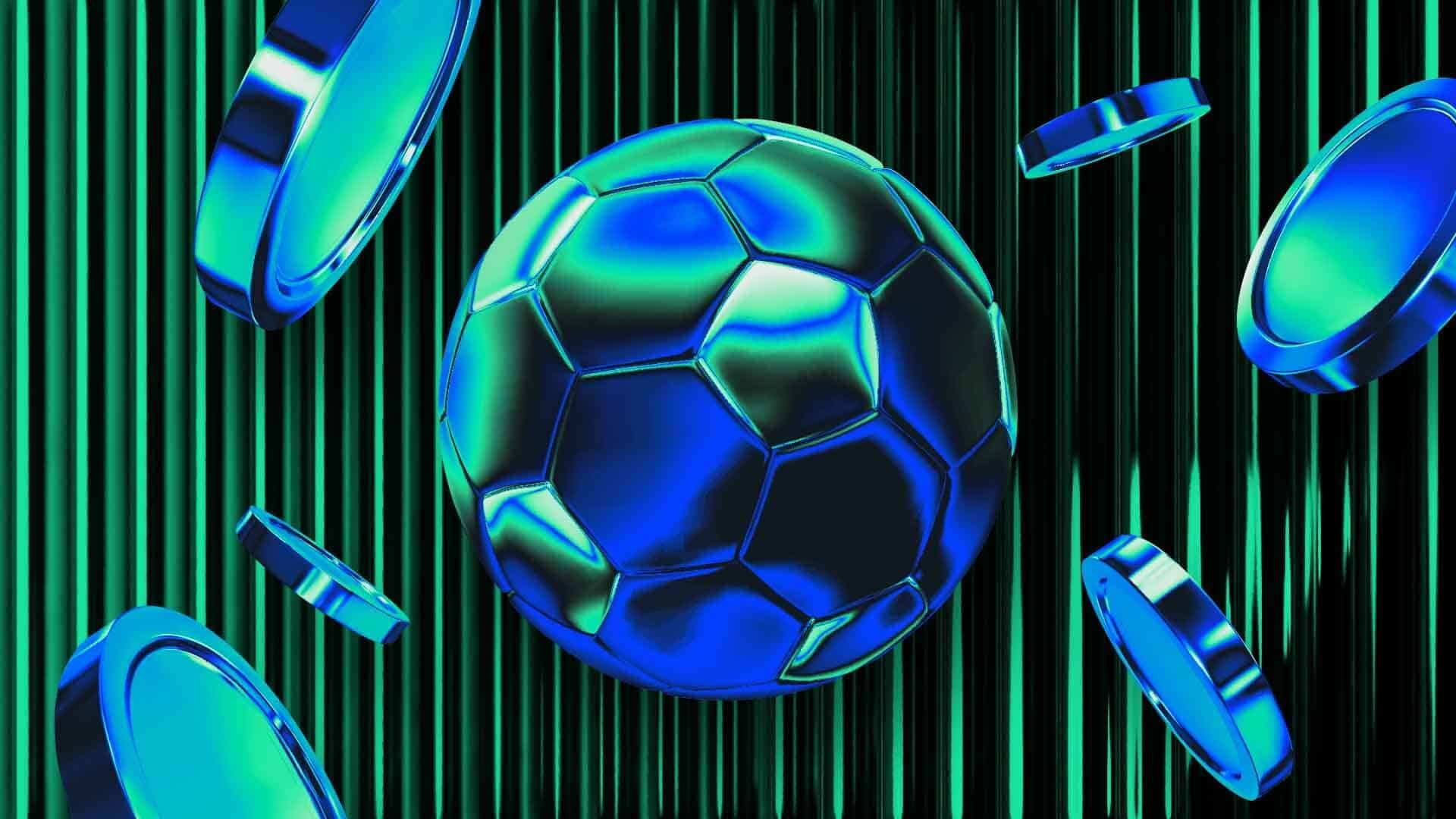 Futuristic digital football stadium with glowing blockchain tokens, fan engagement overlays, and tokenized club elements for 2026 on-chain sports revolution