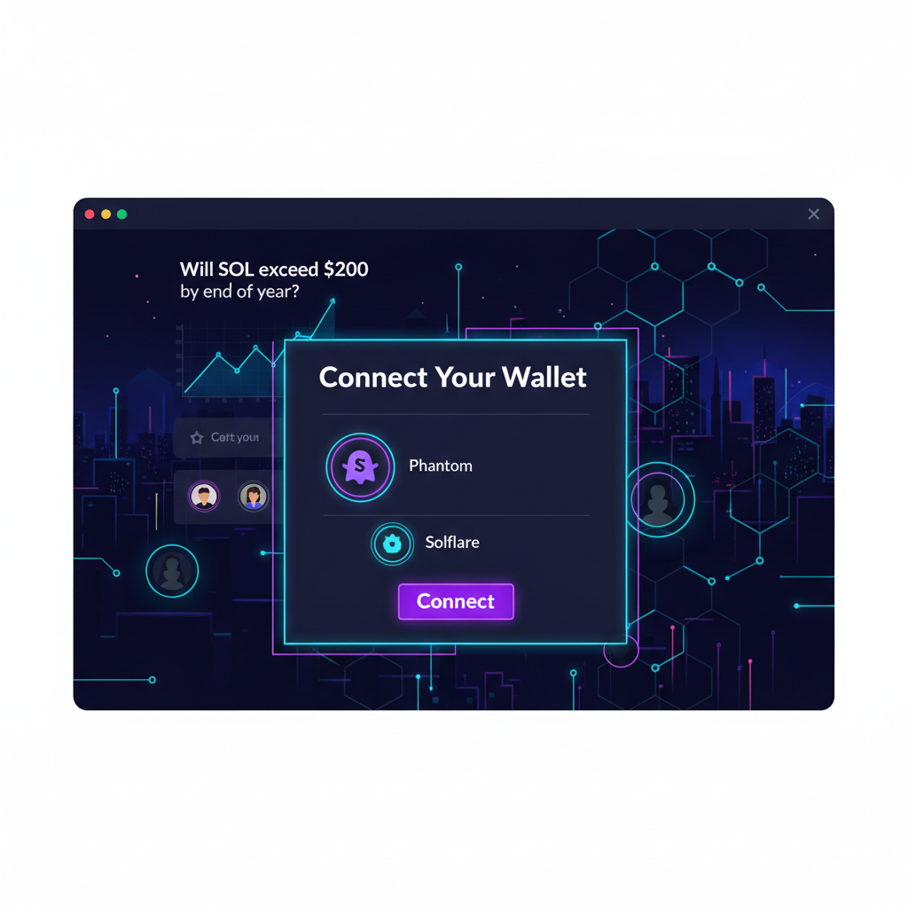 sleek solana wallet connect interface on web3 prediction market dapp, futuristic UI, neon accents