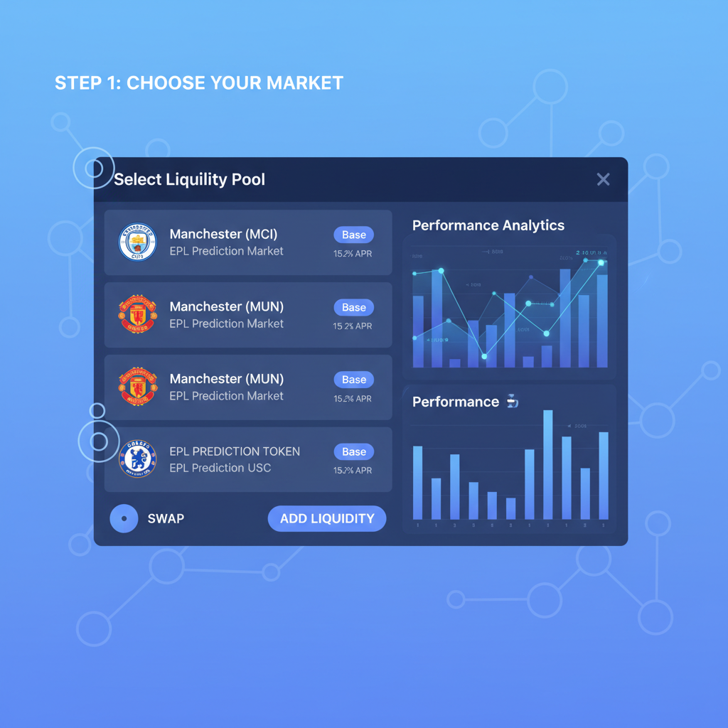 Uniswap interface on Base selecting liquidity pools with EPL prediction tokens, charts and graphs glowing