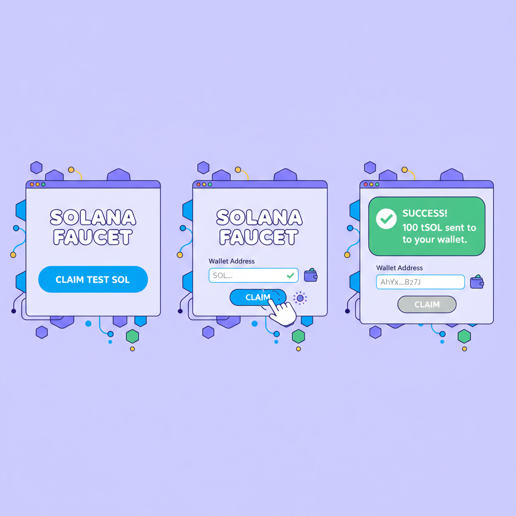 simple illustration of Solana faucet website claiming test SOL, wallet address input, success notification, vibrant crypto style