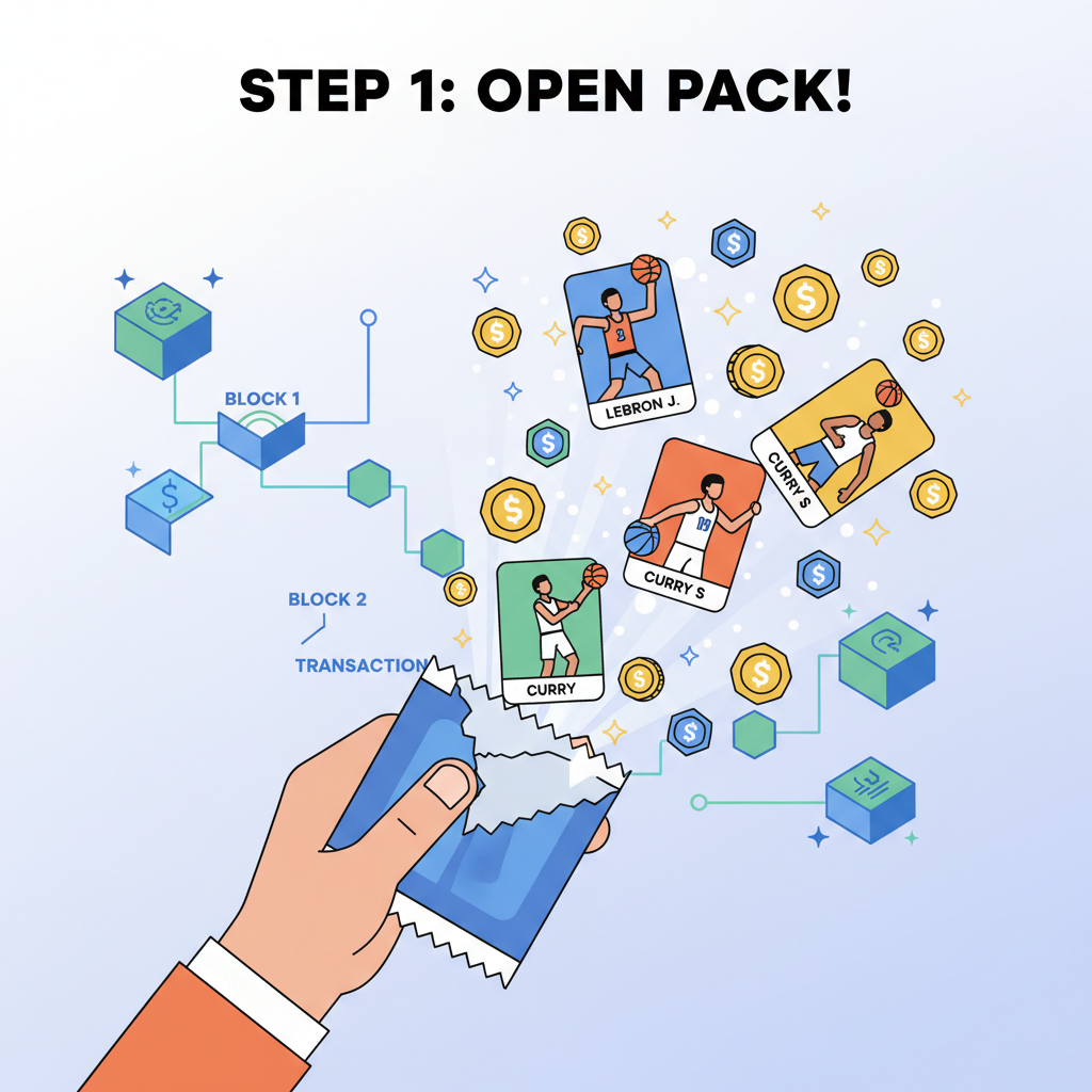 exciting pack opening with NBA player cards flying out, tokens sparkling, on-chain blockchain effects