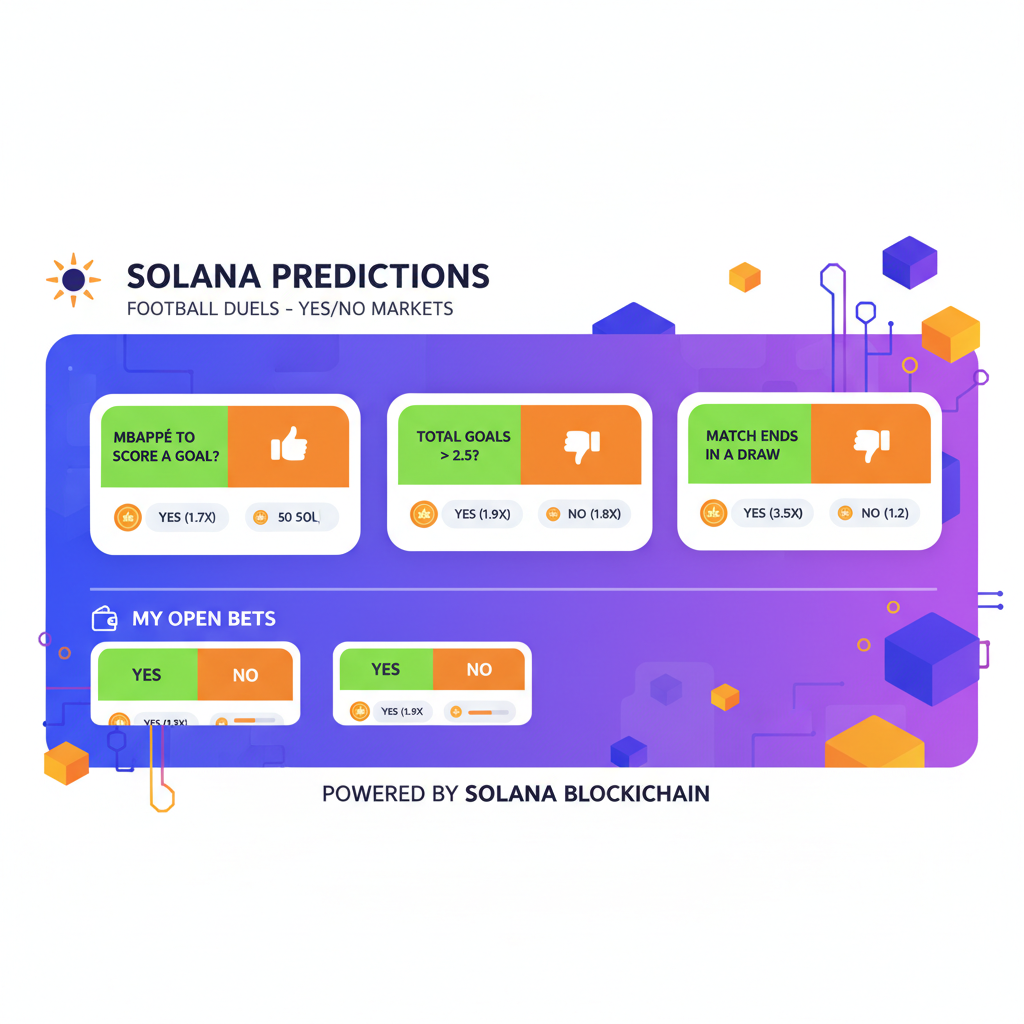 sports prediction market interface showing yes/no duels on football match, solana blockchain theme, vibrant