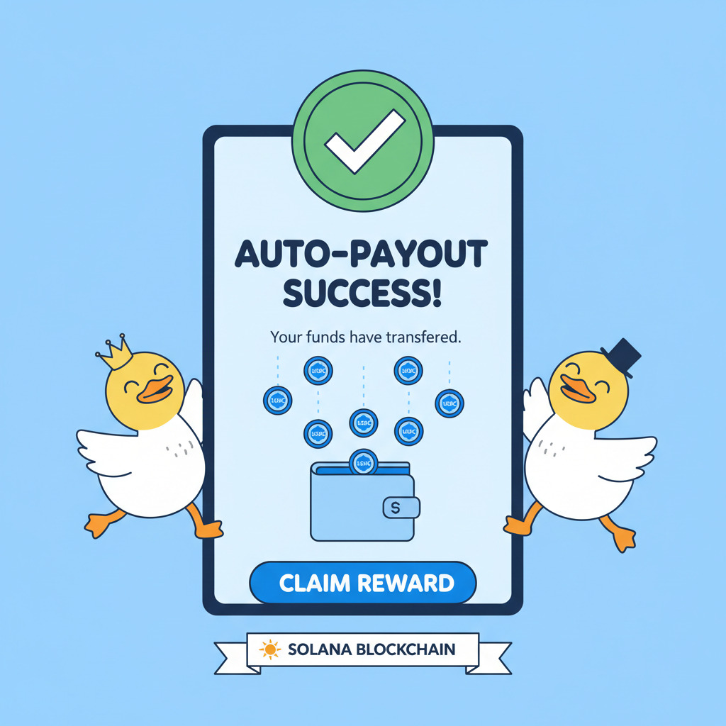 auto-payout success screen with USDC tokens raining, duel duck celebration UI, solana blockchain
