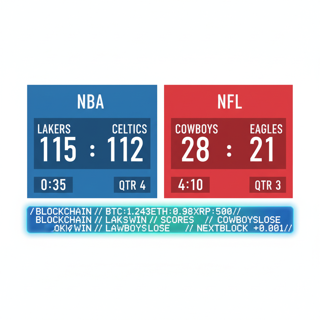 live NBA NFL scoreboard with blockchain score ticker overlay