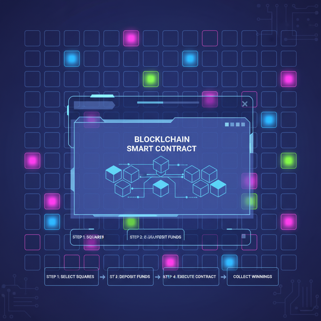 10x10 betting grid with glowing squares, blockchain smart contract overlay, futuristic UI
