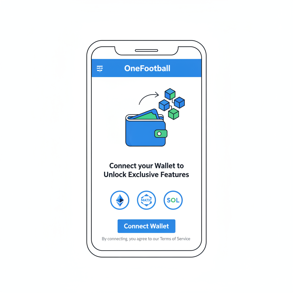 smartphone screen displaying OneFootball app with wallet connection prompt, blockchain icons, soccer theme, clean UI --ar 16:9
