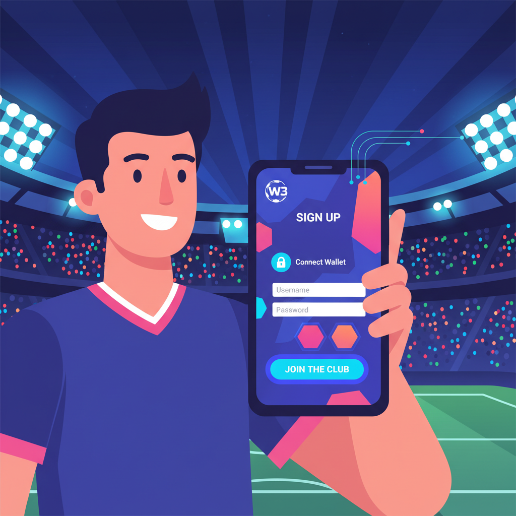 football fan signing up on sleek web3 platform dashboard, vibrant stadium lights, mobile screen