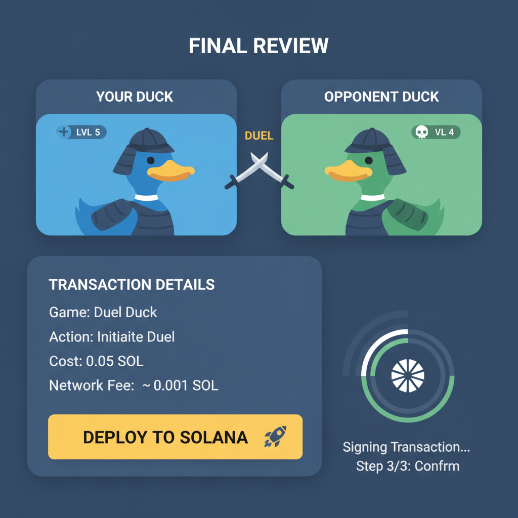 final review screen with deploy button on Duel Duck, Solana transaction signing animation